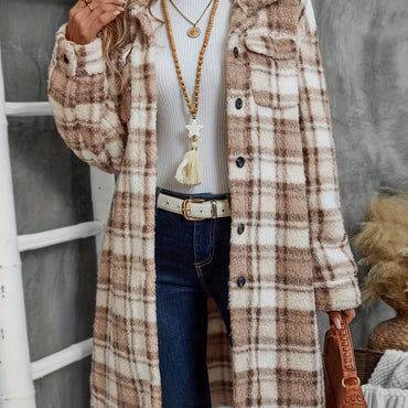 Women's Printed Plaid Long Double-sided Plush Patch Pocket Button Coat