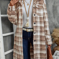 Women's Printed Plaid Long Double-sided Plush Patch Pocket Button Coat