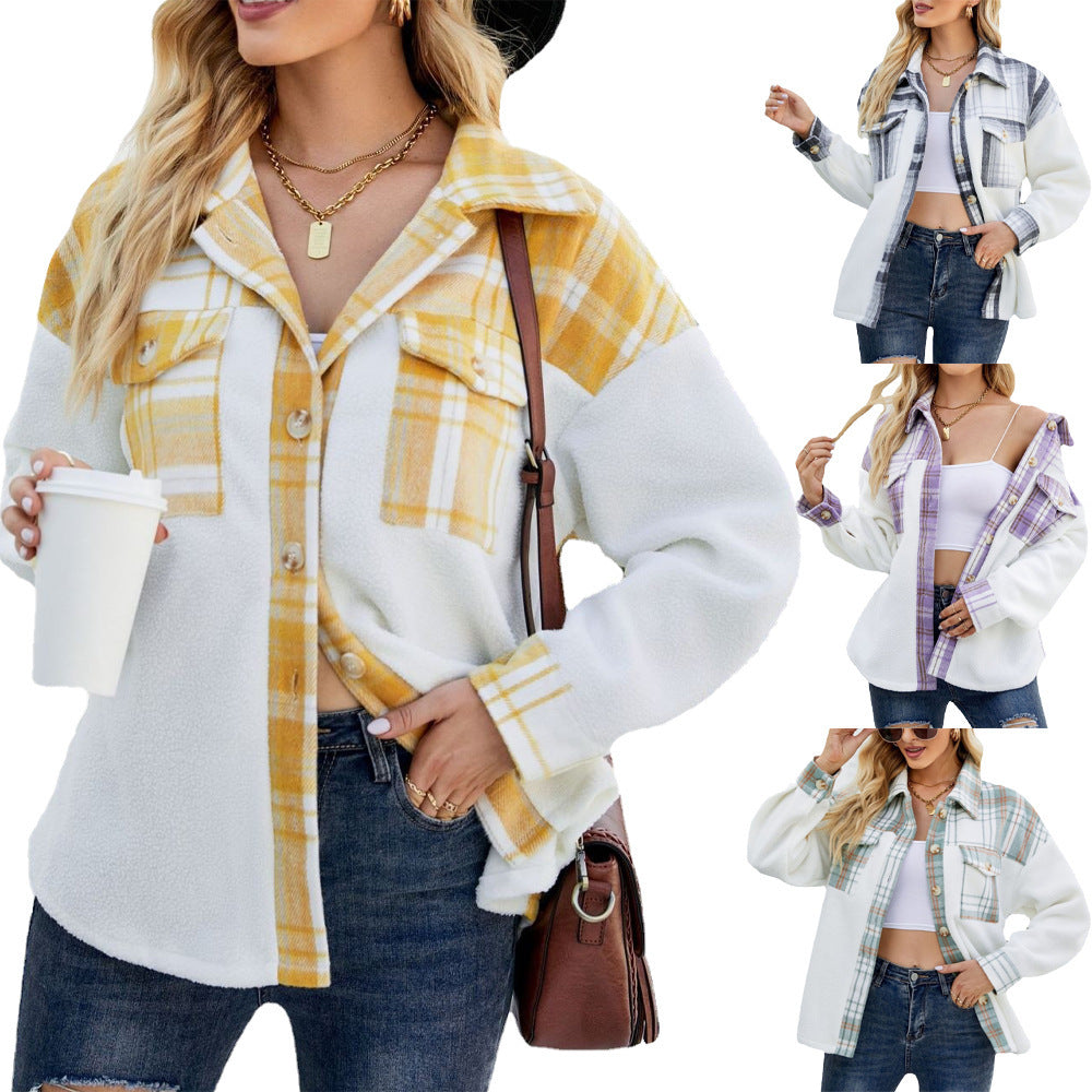 Lamb Wool Long Sleeve Stitching Contrast Color Pocket Woolen Coat For Women