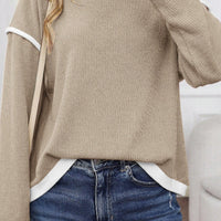 Four Leaf Clover Contrast Color Trim Knit Drop Shoulder Loose Top