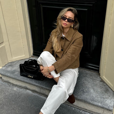 Women's Fashion Retro Long-sleeved Lapel Suede Fabric Jacket Coat