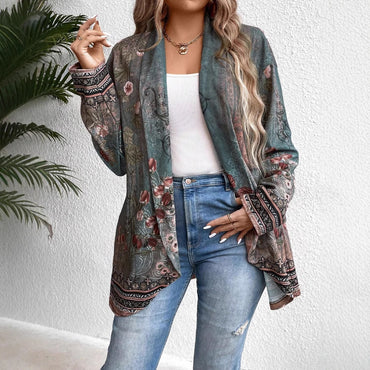 Vintage Floral Print Loose Casual Cardigan Women Coat