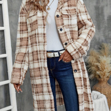 Women's Printed Plaid Long Double-sided Plush Patch Pocket Button Coat