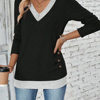 Long Sleeve V-neck Elegant Pleated Button Solid Color T-shirt Top