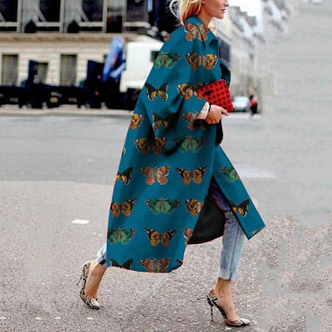 Women's Long Thickened Coat Printed Loose Trench Coat