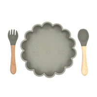 Baby Cute Lion Silicone Wooden Handle Fork Spoon Dinner Plate