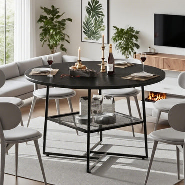 51  Round Dining Table For 4-6  Tiger Stripes-Black Wooden Dining Room Table With Storage Shelf Space Saving Circle Dinner Table With Metal Legs For Kitchen Living Room Dining Restaurant Furniture