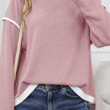 Four Leaf Clover Contrast Color Trim Knit Drop Shoulder Loose Top