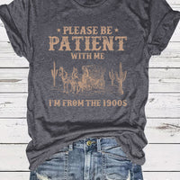 Western Denim Retro Pattern Round Neck Short Sleeve