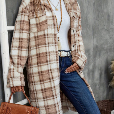 Women's Printed Plaid Long Double-sided Plush Patch Pocket Button Coat
