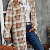 Women's Printed Plaid Long Double-sided Plush Patch Pocket Button Coat