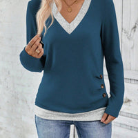 Long Sleeve V-neck Elegant Pleated Button Solid Color T-shirt Top