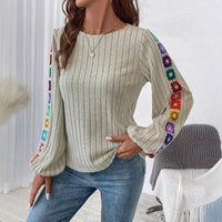 Women's Solid Color Crocheted Lace Stitching Sunken Stripe Knitted Top