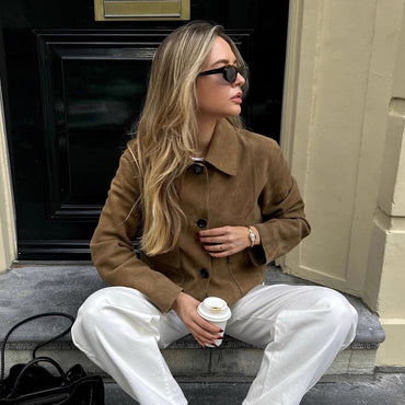 Women's Fashion Retro Long-sleeved Lapel Suede Fabric Jacket Coat