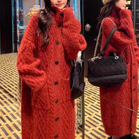 High Collar Thickened Twist Sweater Coat, Gray Cozy Over-knee Knitted Cardigan Long Sweater, Boho Women Sweater, Womens Winter Clothing