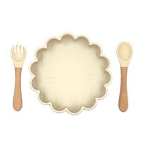 Baby Cute Lion Silicone Wooden Handle Fork Spoon Dinner Plate
