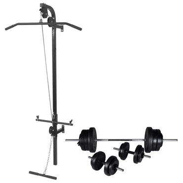 Wallmounted Power Tower with Barbell and Dumbbell Set 60.5 kg