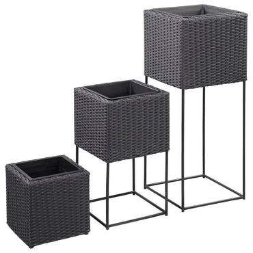 Garden Planters 3 pcs Poly Rattan Black