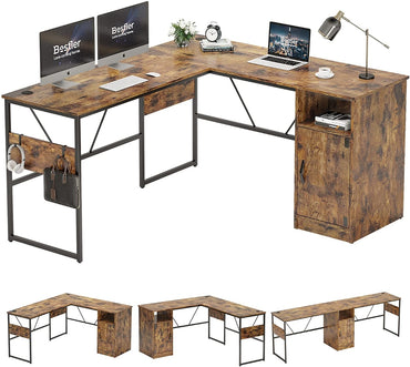 60 Inches L Shaped Rustic Desk with Storage Cabinet
