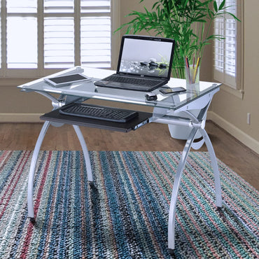 Clear Glass Top Computer Desk with Pull Out Keyboard Panel