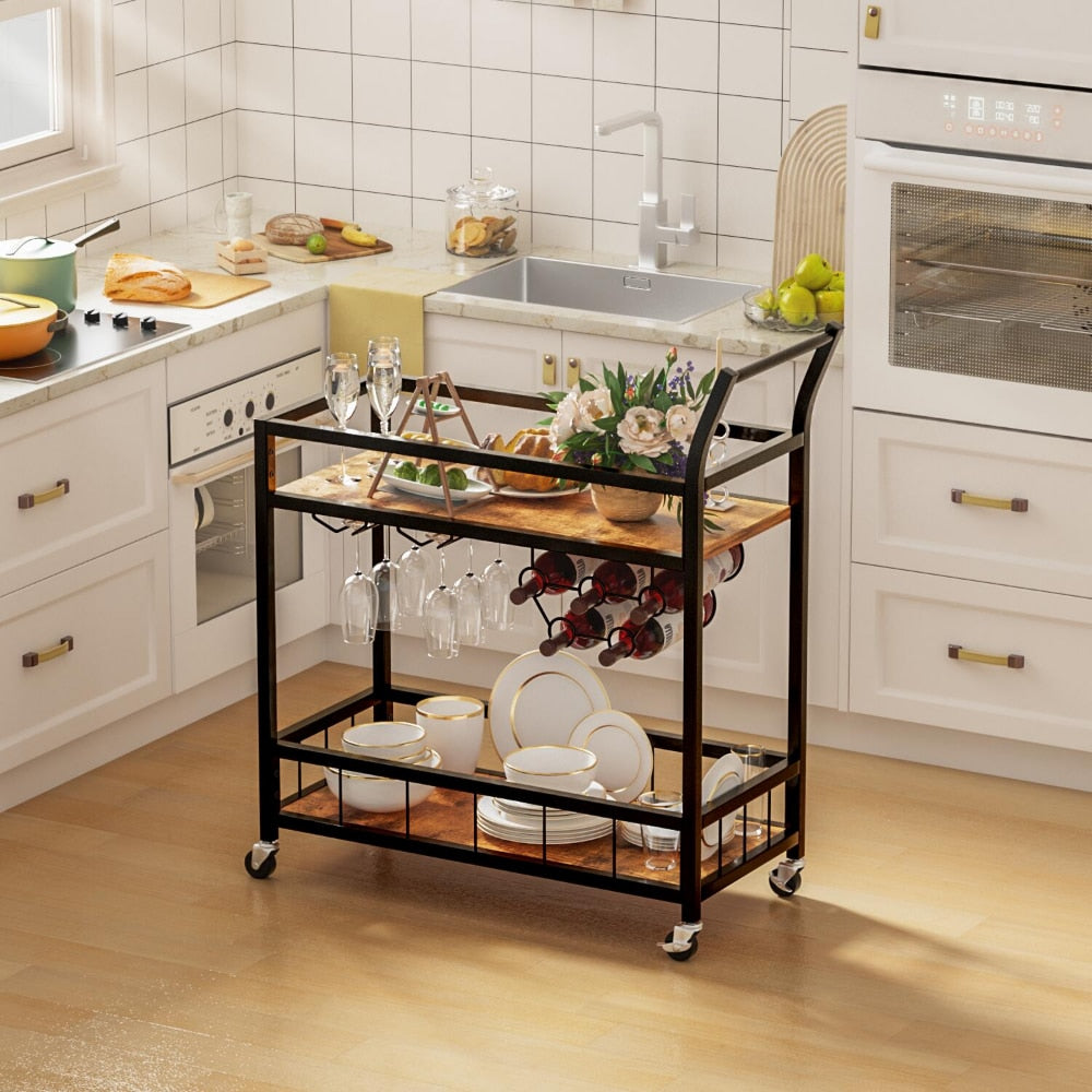 Home Bar Serving Cart With Glasses & Bottle Holders