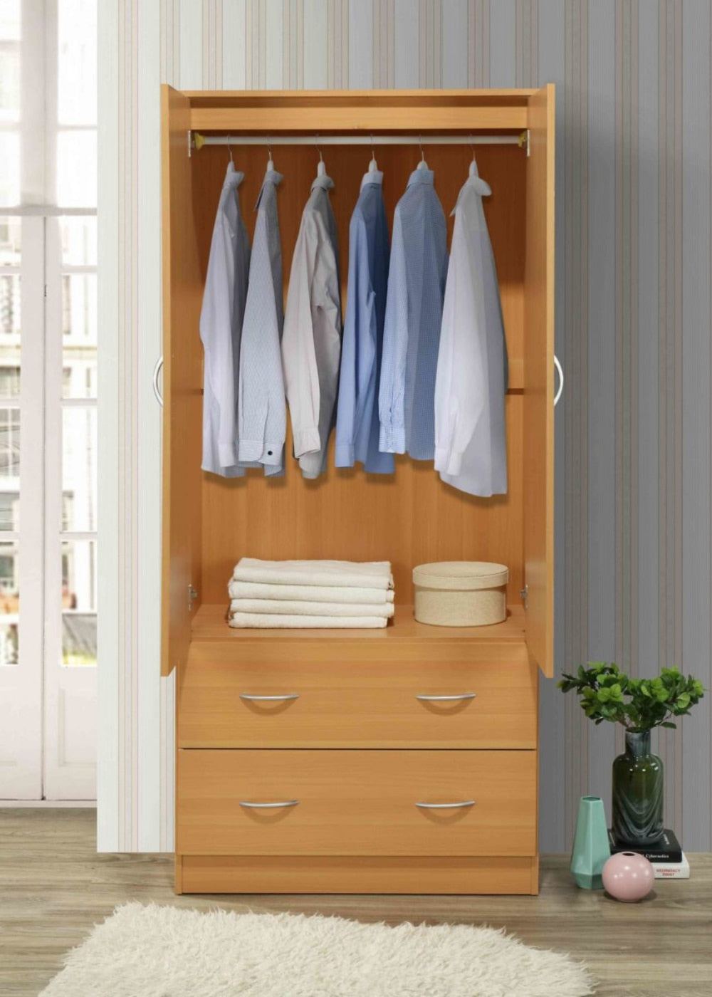 Two Door Wardrobe with Two Drawers and Hanging Rod