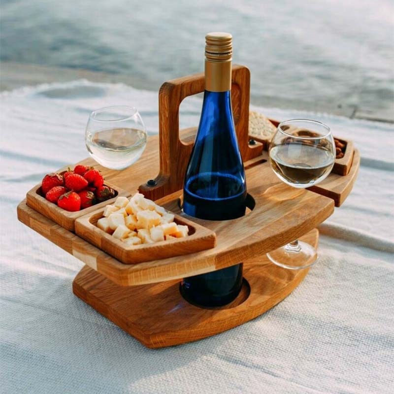 Outdoor Wooden Folding Table with Glass Holder