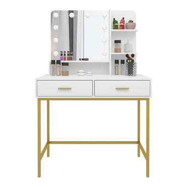White Dressing Table with 10 LED Bulbs Mirror