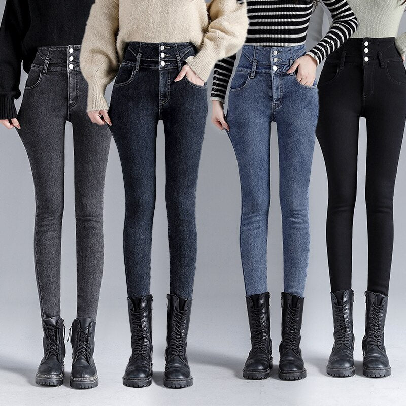 Stylish Winter Warm Thick Velvet High Waist Skinny Jeans