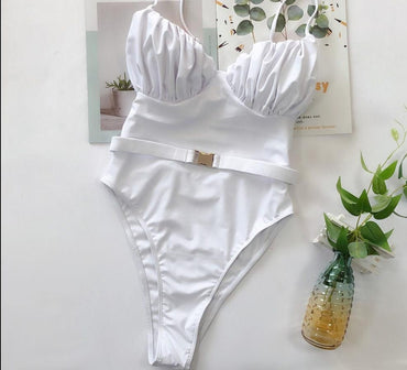 Solid One Piece Swimsuit Swimwear 2020 High Waist Swimsuit for Women Fold Biquini Brazilian Belt Bathing Suits Summer Beach Wear - east2cart.uk