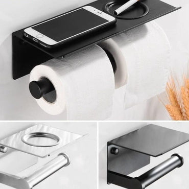 Toilet Paper Holder Black with Shelf Aluminum Bathroom Paper Towel Holder Wall Mounted Metal Roll Paper Holder Ashtray Cover - east2cart.uk