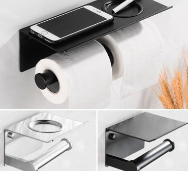 Toilet Paper Holder Black with Shelf Aluminum Bathroom Paper Towel Holder Wall Mounted Metal Roll Paper Holder Ashtray Cover - east2cart.uk