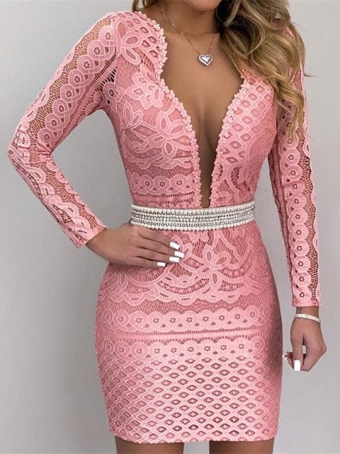 Plunge Mesh Lace Bodycon Dress