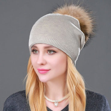 Knitted Fur Winter Beanie Hat