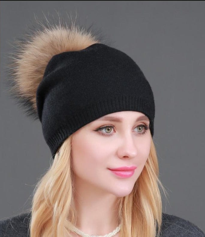 Knitted Fur Winter Beanie Hat