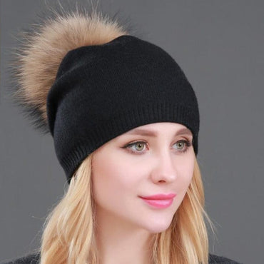 Knitted Fur Winter Beanie Hat