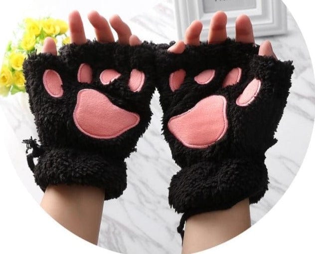 1Pair Girls Fluffy Paw Gloves