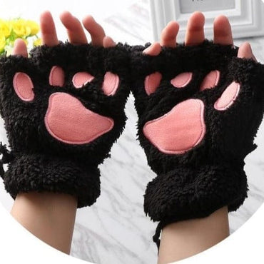 1Pair Girls Fluffy Paw Gloves