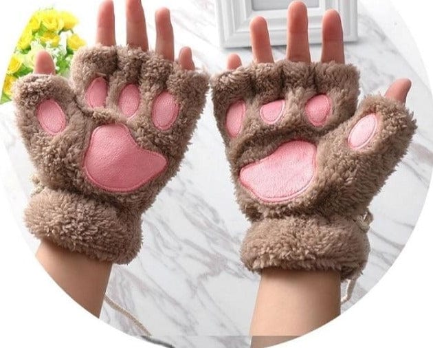 1Pair Girls Fluffy Paw Gloves