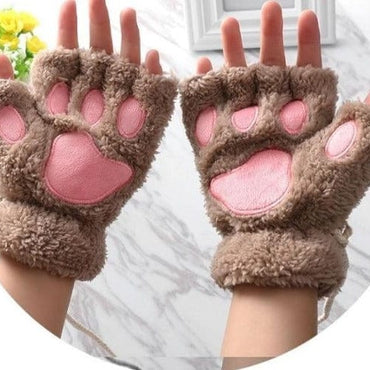 1Pair Girls Fluffy Paw Gloves