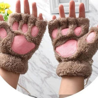 1Pair Girls Fluffy Paw Gloves