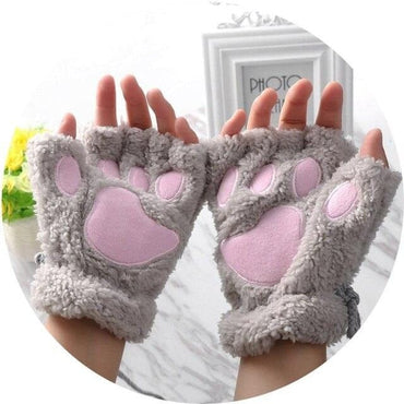 1Pair Girls Fluffy Paw Gloves