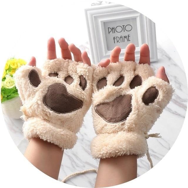 1Pair Girls Fluffy Paw Gloves