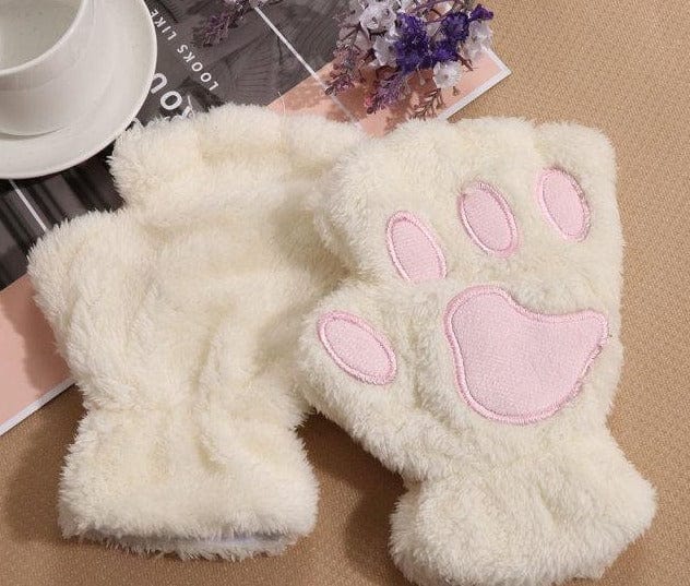 1Pair Girls Fluffy Paw Gloves