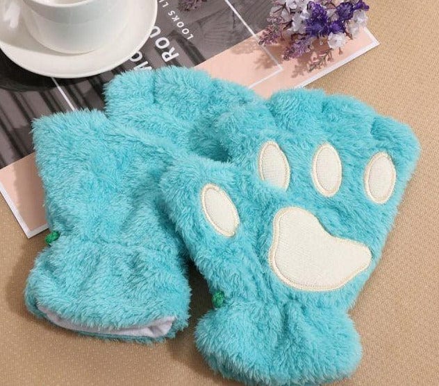 1Pair Girls Fluffy Paw Gloves