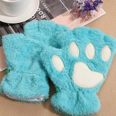 1Pair Girls Fluffy Paw Gloves