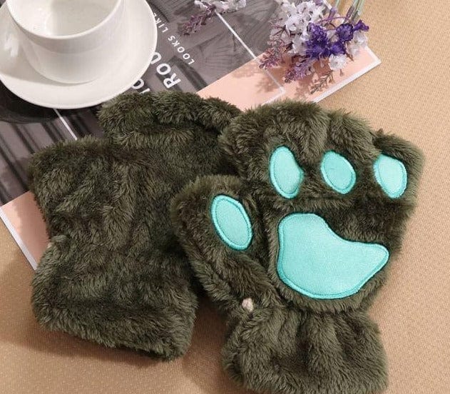 1Pair Girls Fluffy Paw Gloves