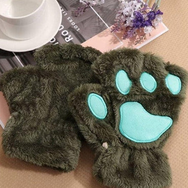 1Pair Girls Fluffy Paw Gloves