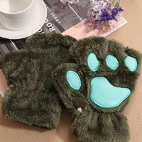 1Pair Girls Fluffy Paw Gloves