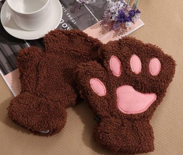 1Pair Girls Fluffy Paw Gloves